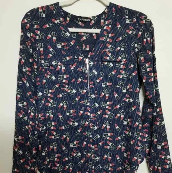 Express Tops - Express Navy Blouse with Lipstick Pattern SMALL